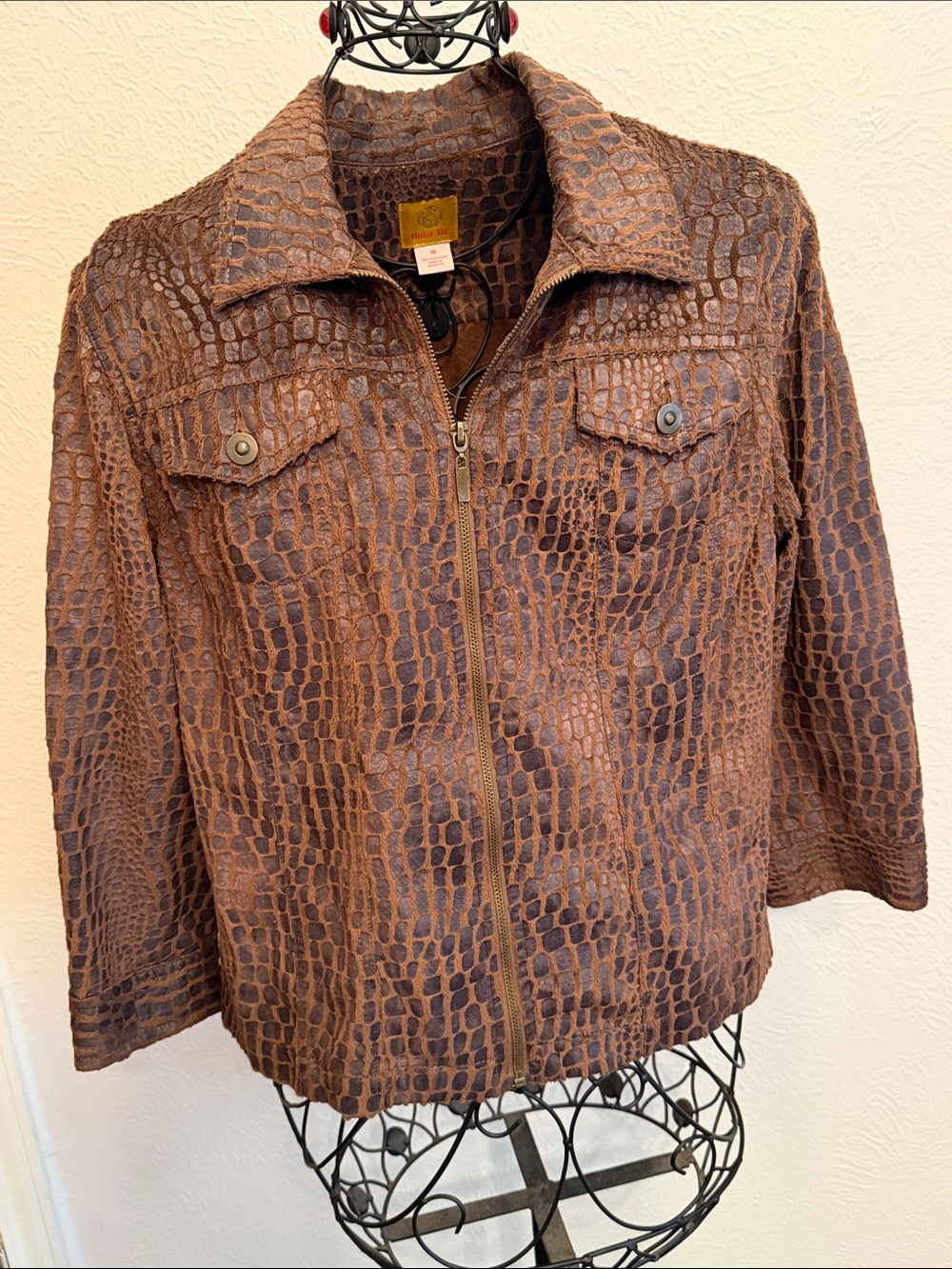 🐊🐊🐊BOGOHO🐊🐊🐊Women’s Brown Croc-Embossed Zip Front Jacket-16